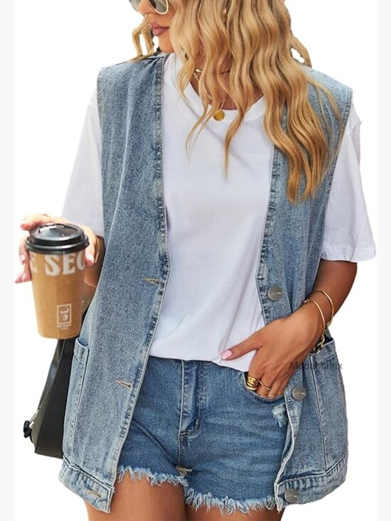 Jackets & Blazers - Oversized Sleeveless Denim Vest Button Down Jean Jacket